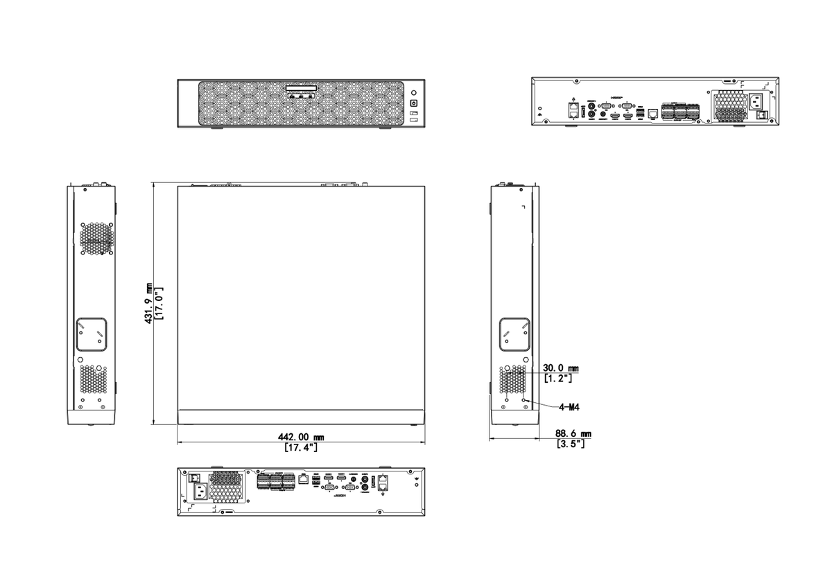 NVR504-E 4-bay network video recorder dimensions and rear port diagram 442 x 432 x 86 mm