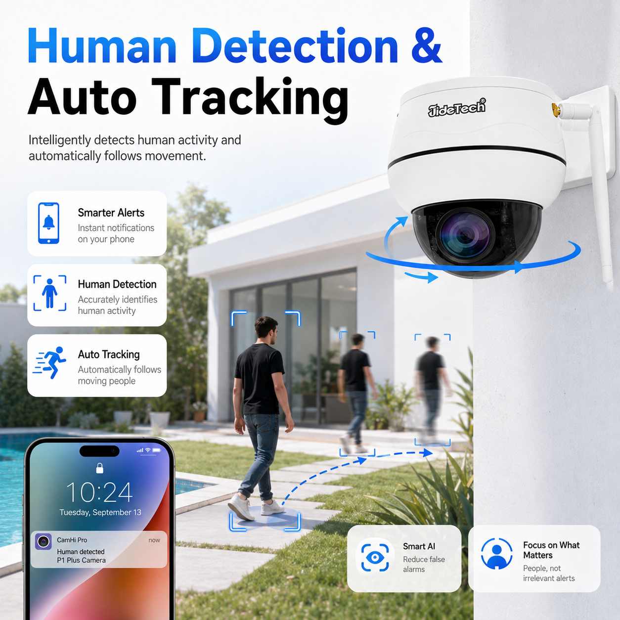 JideTech P1 Plus 5X Optical Zoom WiFi PTZ Security Camera 5MP/8MP with CamHi Pro, Human Detection & Auto Tracking