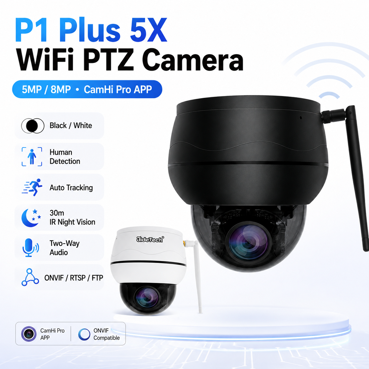 JideTech P1 Plus 5X Optical Zoom WiFi PTZ Security Camera 5MP/8MP with CamHi Pro, Human Detection & Auto Tracking