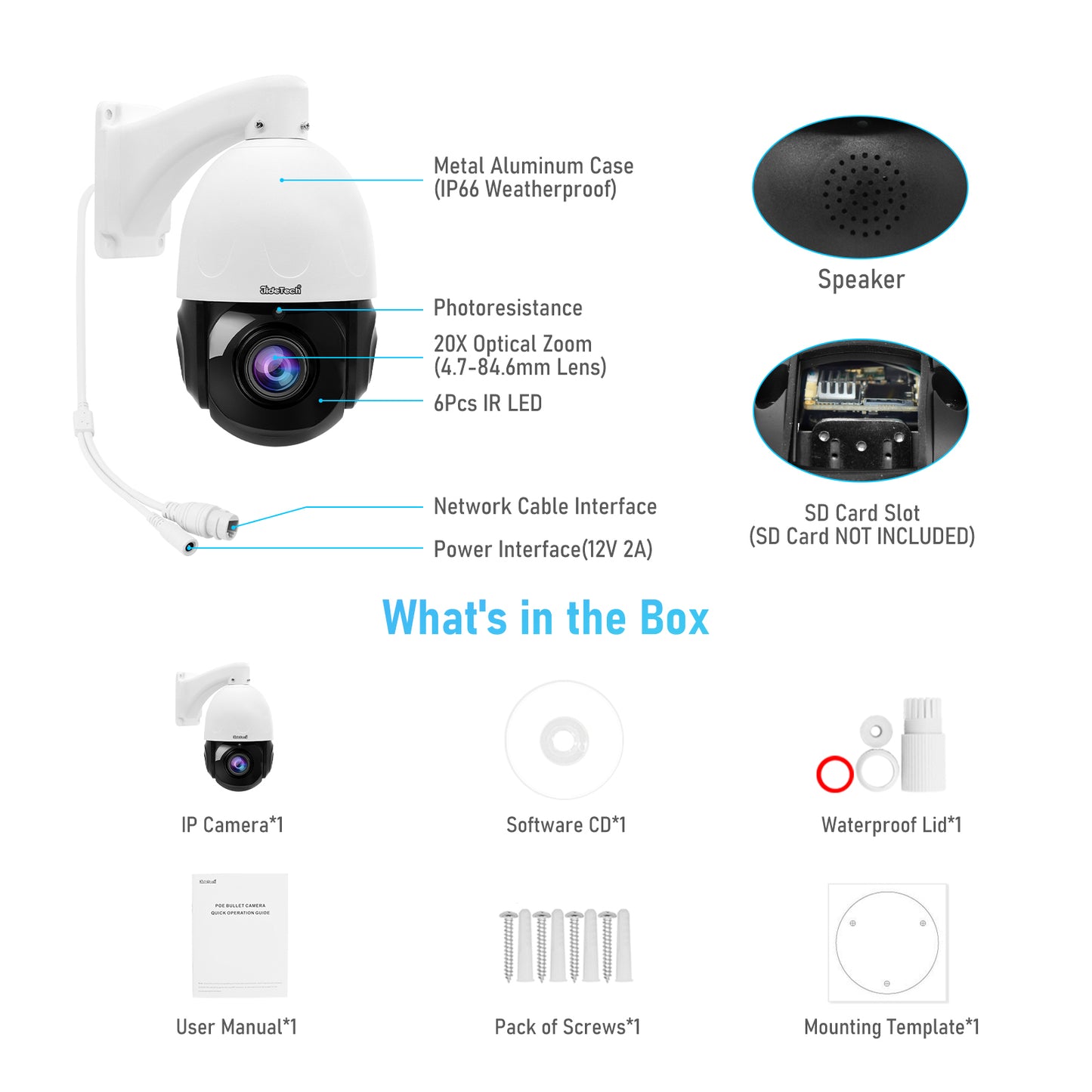 JideTech Security Surveillance IP Camera 20X Optical Zoom CCTV POE Camera (P2-20X-8MP)